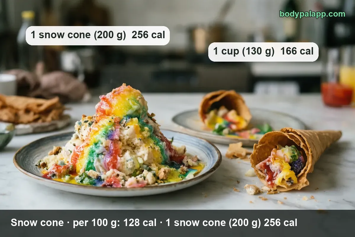 Tall mound of shaved ice with red, yellow, green and blue syrup on a plate, two waffle cones beside it; 1 snow cone 200 g and 1 cup 130 g