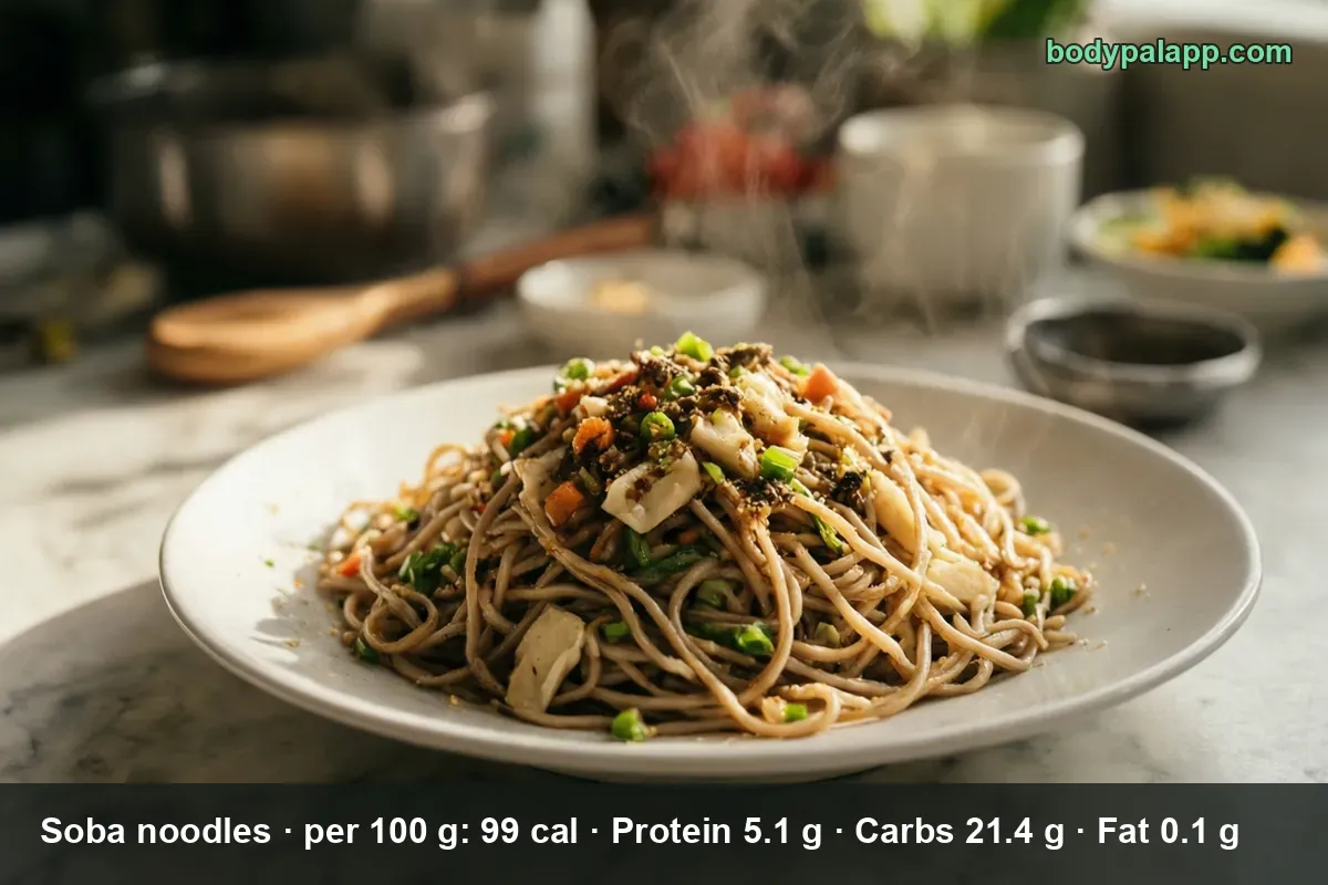 Pile of soba noodles with scallions, vegetables and sesame seeds on a white plate, steam rising