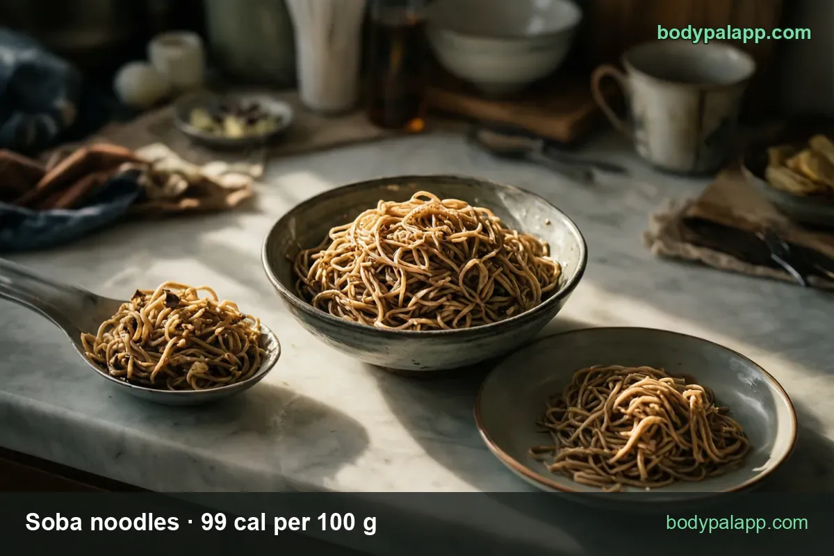 Bowl of plain cooked soba noodles with a spoonful and a small plated portion on marble, 1 cup 113 cal and 1/2 cup 56 cal