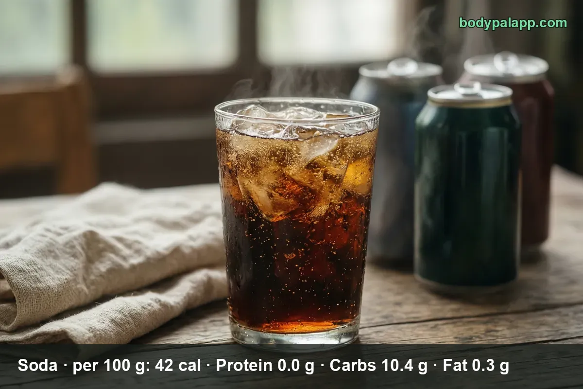 Tall glass of cola over ice with three plain unlabeled soda cans behind it