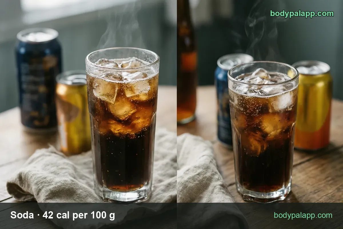 Glass of cola with ice, a can and a bottle behind it: 1 can, 12 fl oz (372 g) 156 cal and 1 bottle, 20 fl oz (620 g) 260 cal