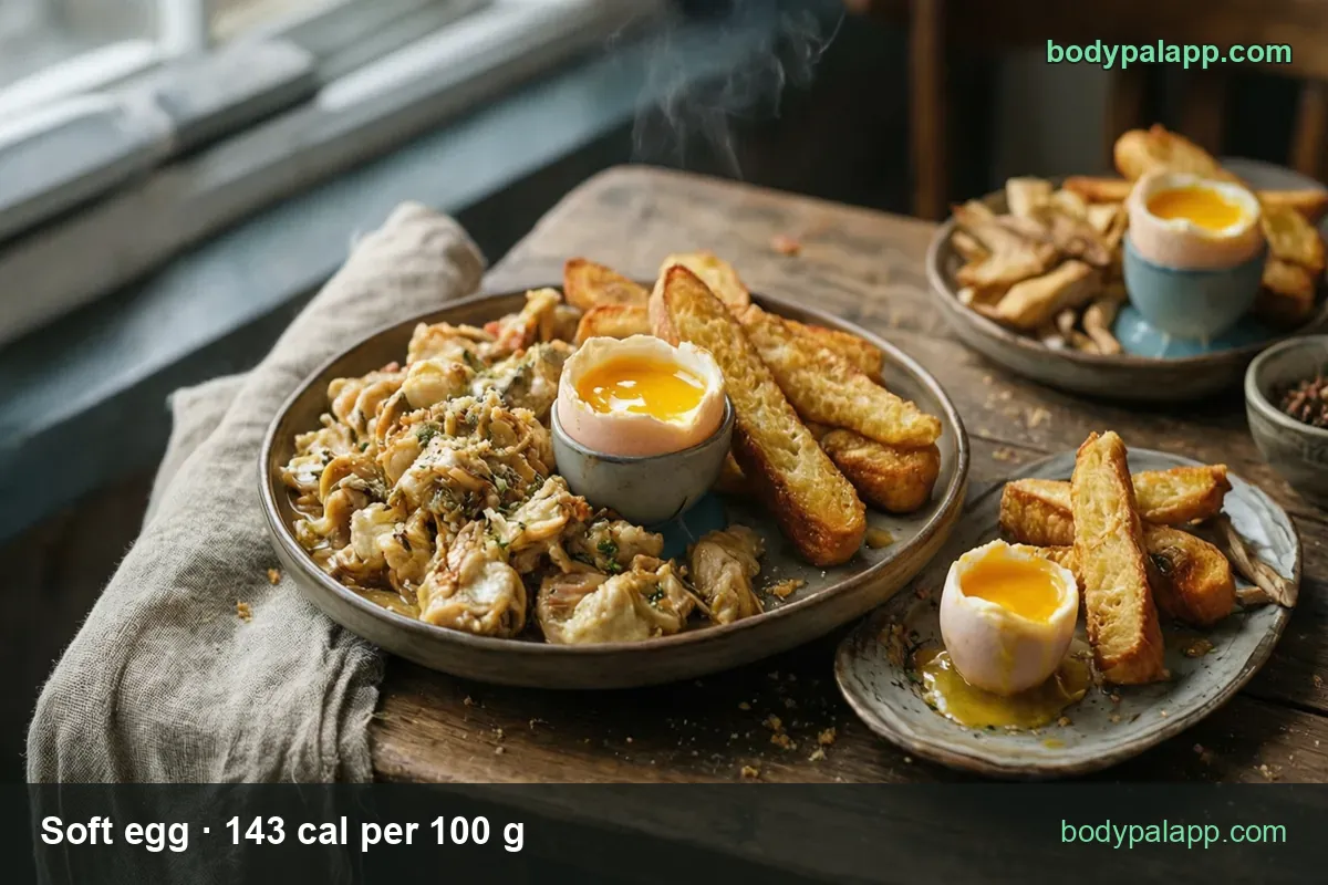 Plates of soft boiled eggs in egg cups with bread soldiers and torn herbed egg; chips read 1 large egg 50 g 72 cal and 2 eggs 143 cal.