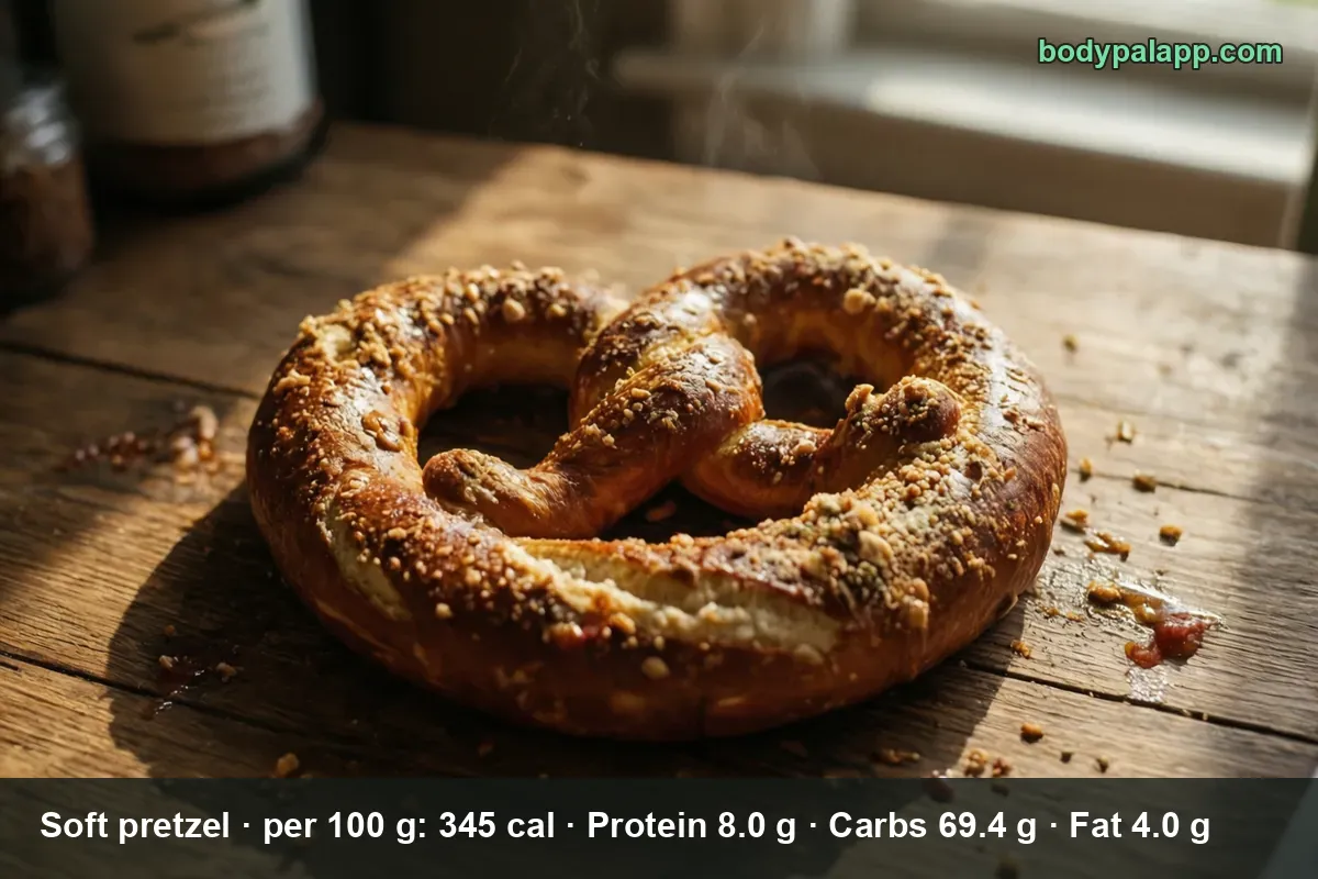 Whole soft pretzel topped with coarse salt and crumbs, seen from above, with light steam rising.