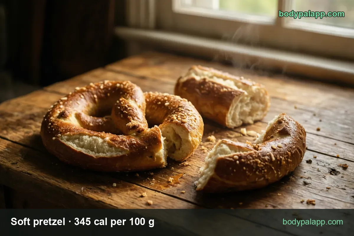 Soft pretzel torn into three pieces on a wooden table, soft interior visible; 1 medium (120 g) 414 cal, 1 small (62 g) 214 cal.