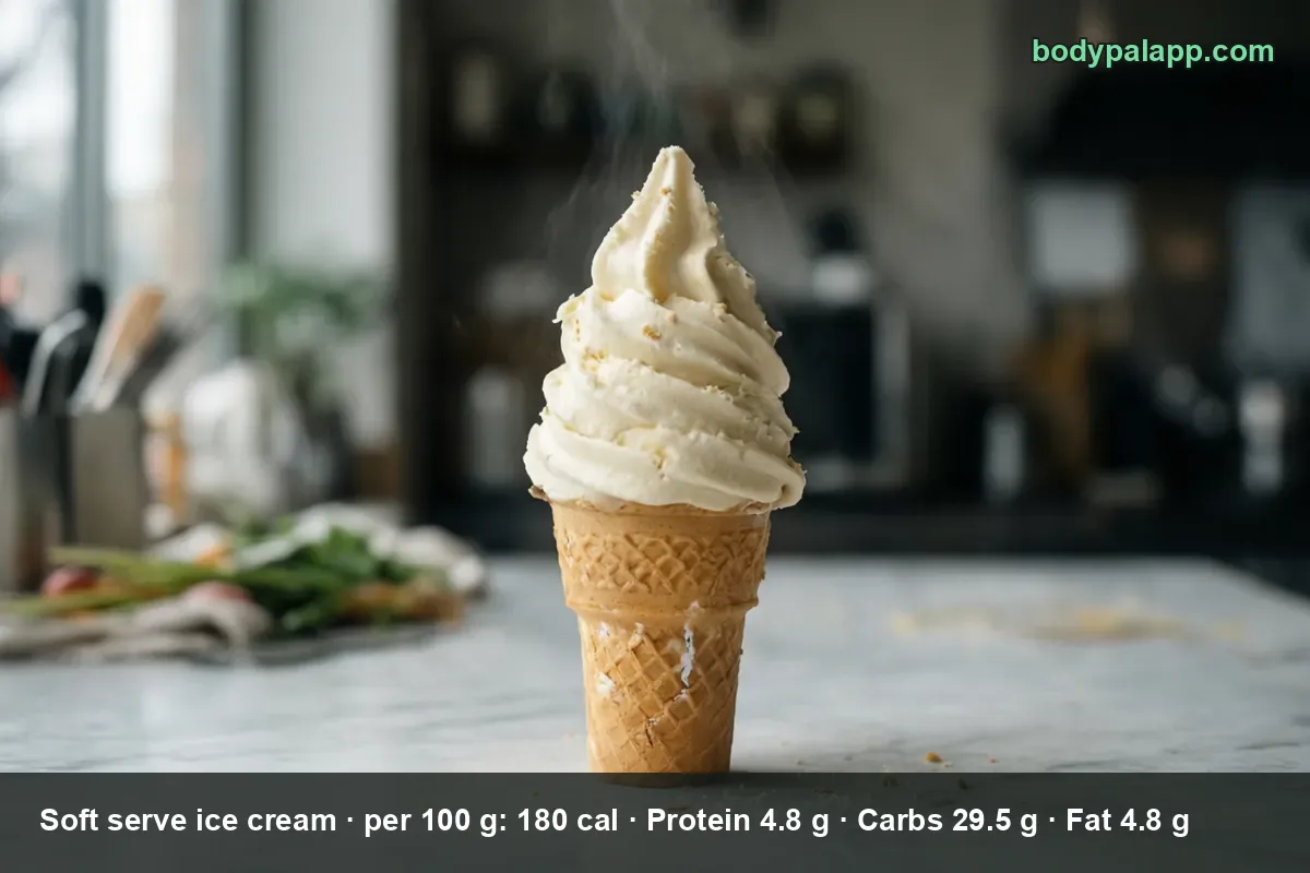 Vanilla soft serve ice cream cone with a tall swirl, no dip or sprinkles.