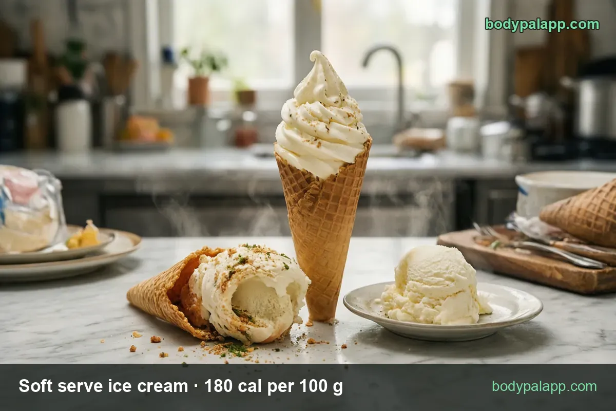 Three soft serve servings on marble: upright vanilla cone, tipped cone with crumbs, a scoop in a dish - 1 cup 315 cal, 1/2 cup 158 cal.