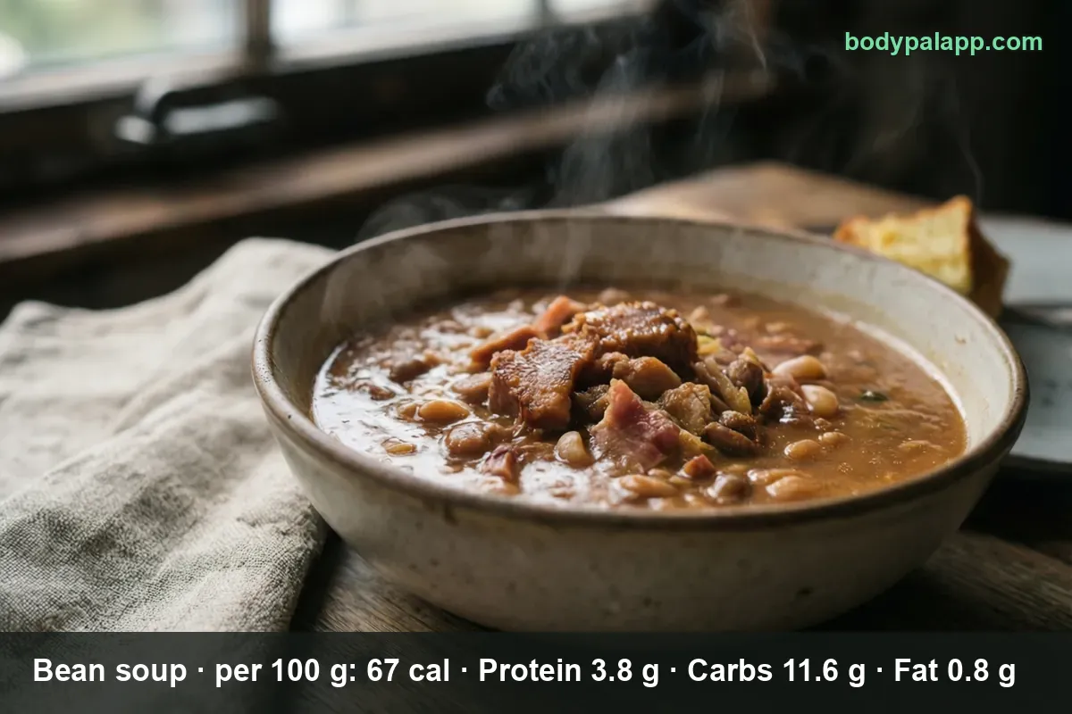 Bowl of brown bean soup topped with pieces of bacon, steam rising