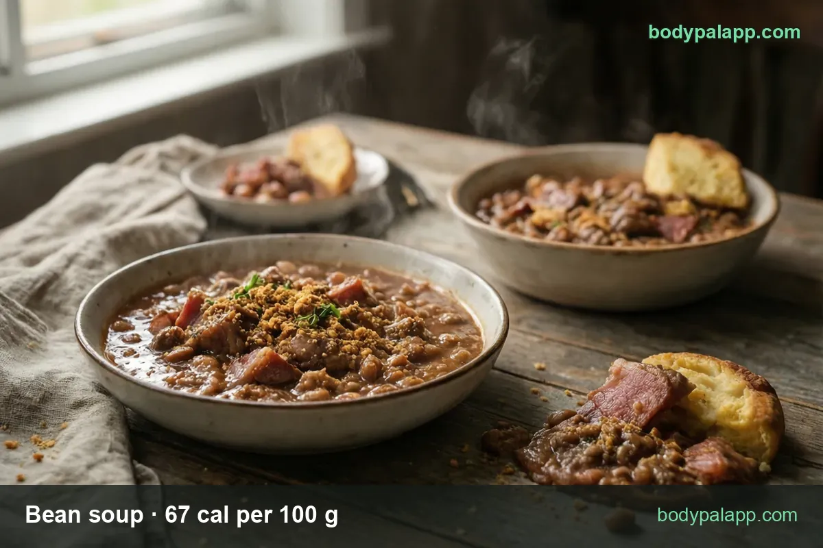 Bean soup with bacon, croutons and herbs, cornbread bowl behind, spilled portion in front; 1 cup 255 g 171 cal, 1/2 cup 85 cal