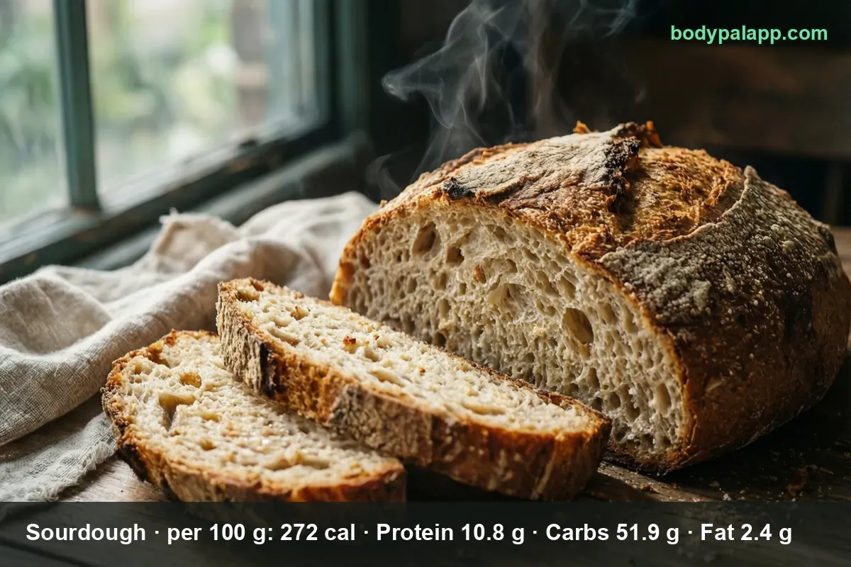 Sliced sourdough loaf with steam, floury crust and two cut slices showing the open crumb