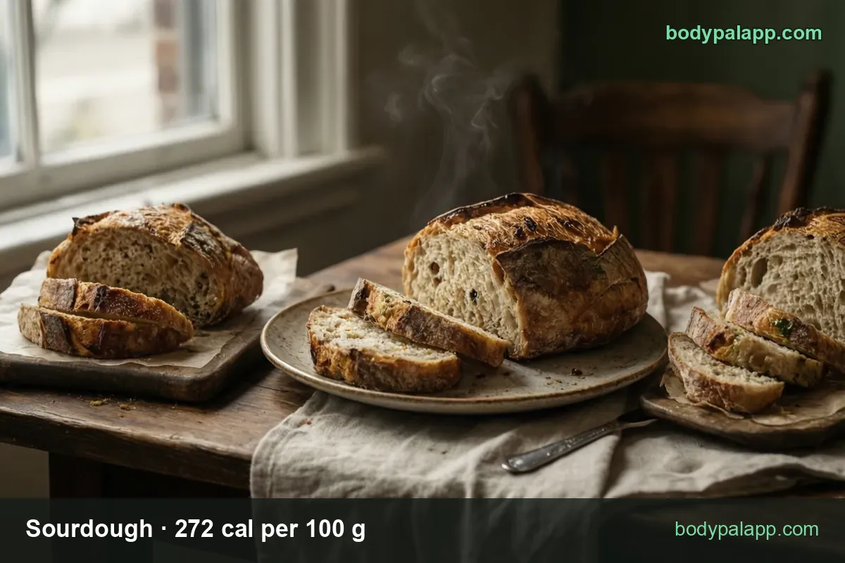 Three sourdough loaves with cut slices, labeled 1 medium slice (31 g) 84 cal and 1 large slice (43 g) 117 cal