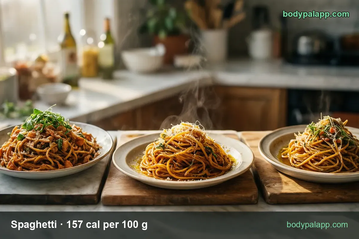 Three spaghetti servings on a wooden board; chips show 1 cup 124 g 195 cal and packed 151 g 237 cal