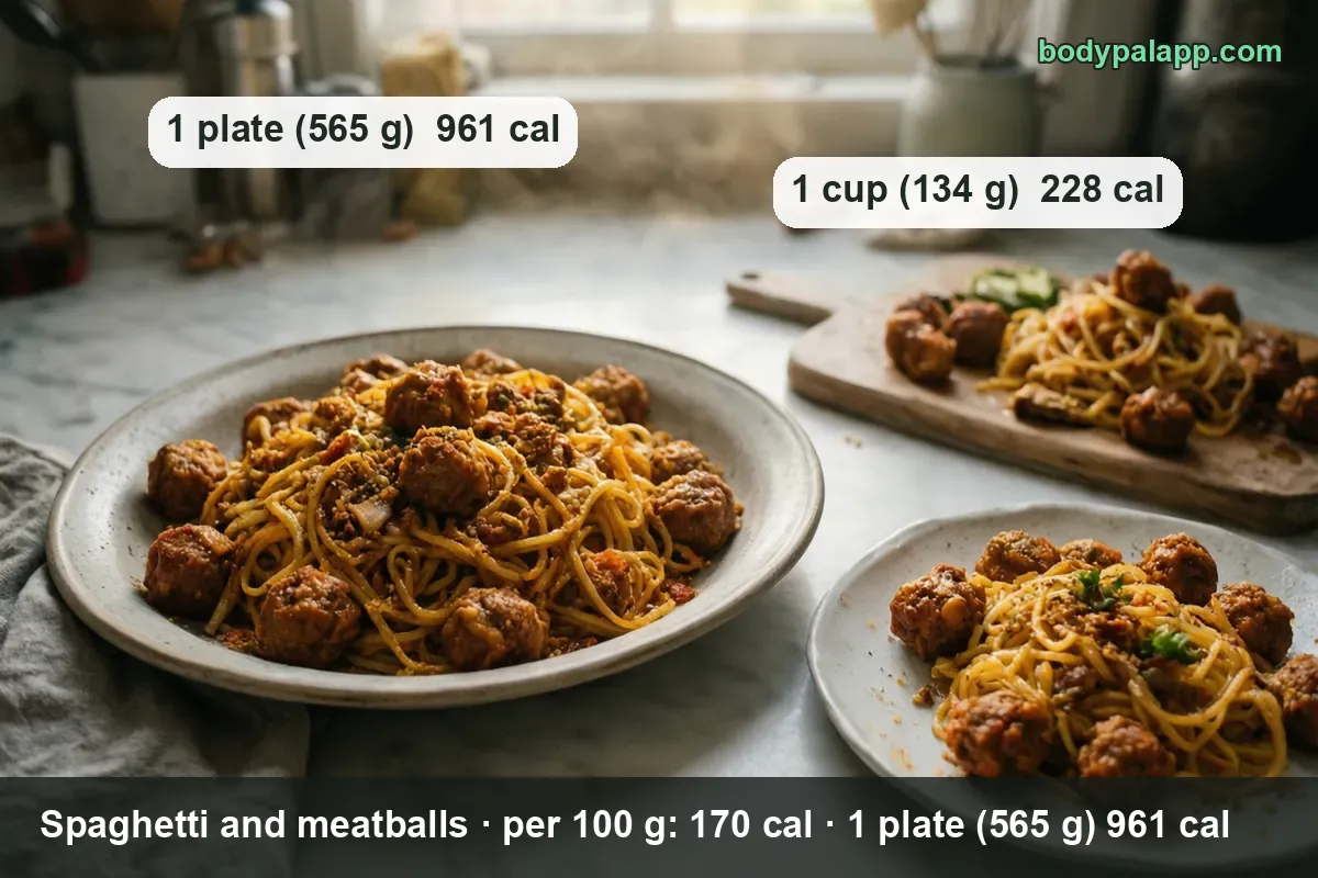 Three servings of spaghetti and meatballs: large plate, board portion, small plate behind; chips 565 g 961 cal and 134 g 228 cal