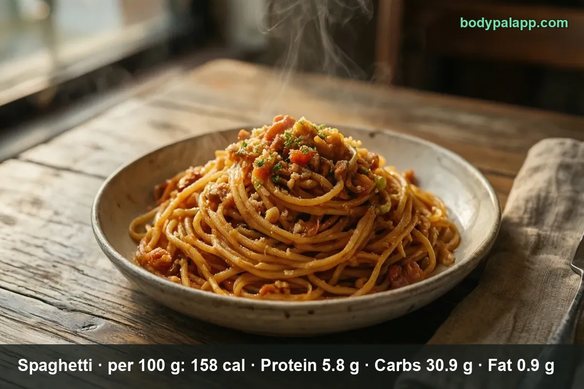 Plate of spaghetti in tomato sauce with bacon pieces and herbs, steam rising.