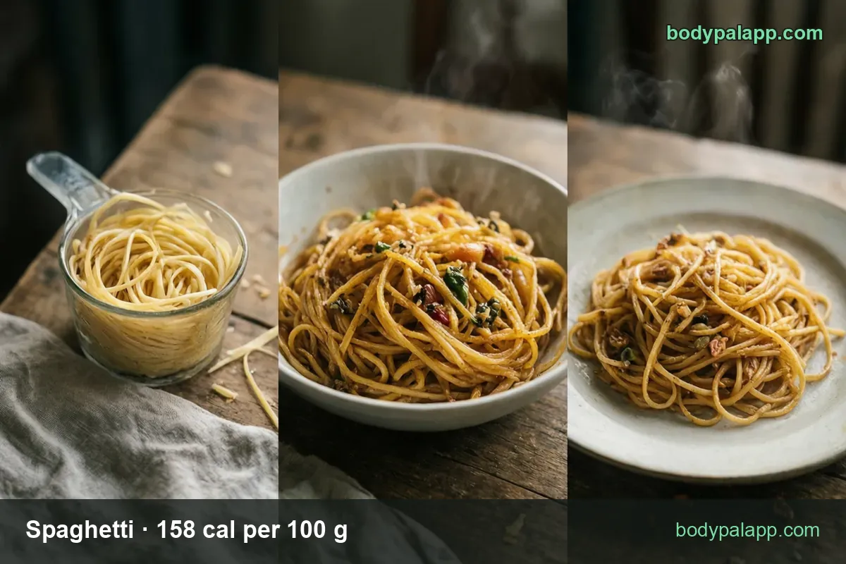 Measuring cup of plain cooked spaghetti and a bowl of spaghetti with herbs, marked 1 cup 124 g 196 cal and 1 cup packed 151 g 239 cal.