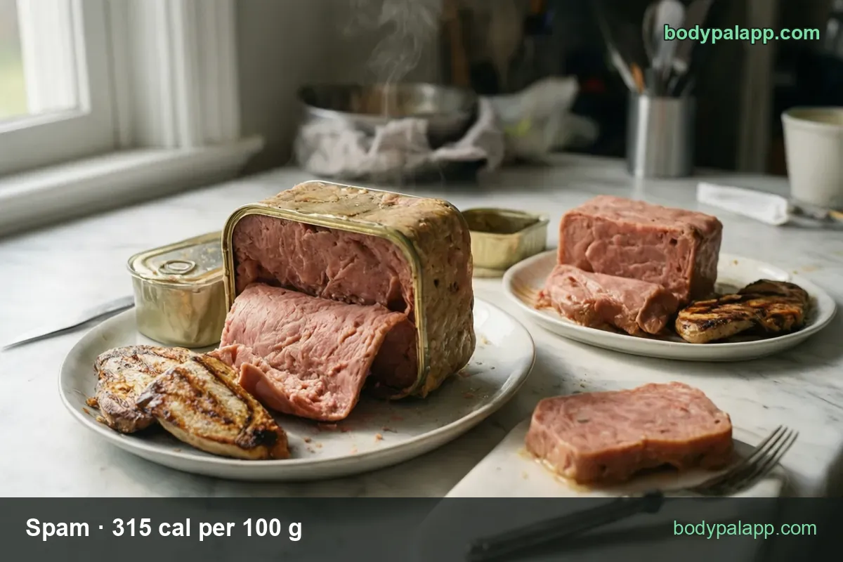 Opened Spam can with the block lifted out and two seared slices on a plate; chips read 1 slice (56 g) 176 cal and 1 can (340 g) 1071 cal.