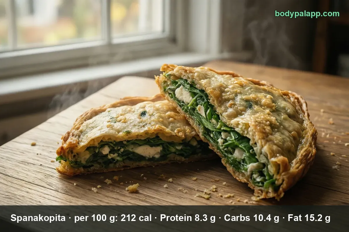 Two halves of a large spanakopita piece with steam rising and spinach and feta filling visible between flaky phyllo layers.