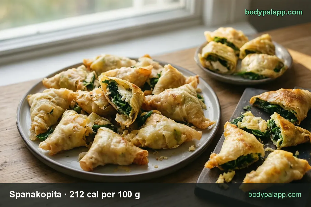 Plate of spanakopita triangles with one broken open; chips: 1 large piece (120 g) 254 cal, 1 small piece (30 g) 64 cal.