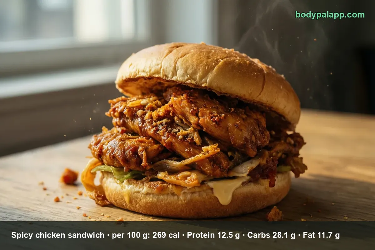 Tall spicy chicken sandwich on a bun with saucy chicken pieces, lettuce and melted cheese