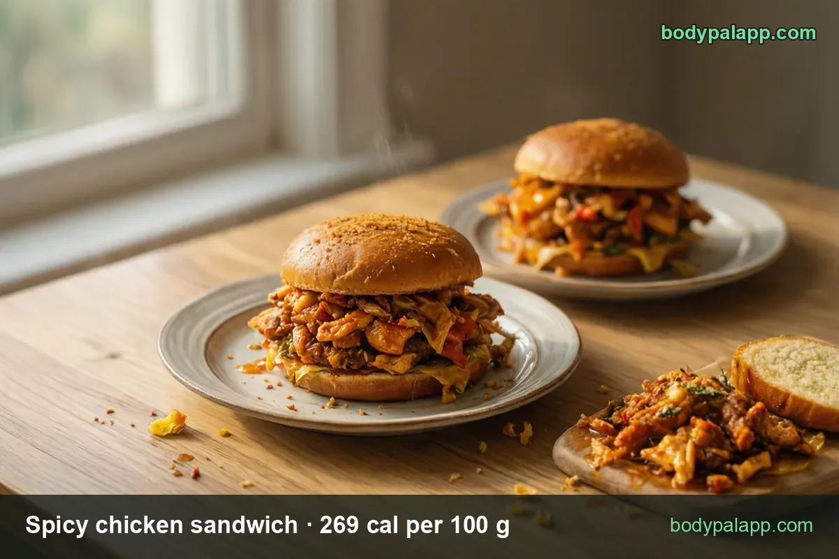 Two spicy chicken sandwiches on plates and a board with shredded chicken; chips read 1 regular sandwich 140 g 377 cal and 1 large 280 g 753 cal