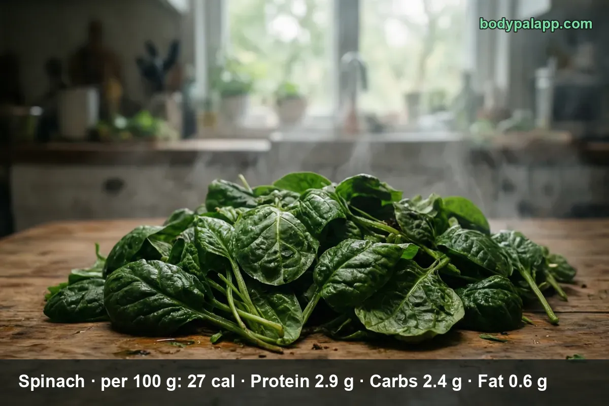 Pile of fresh raw spinach leaves on a wooden table