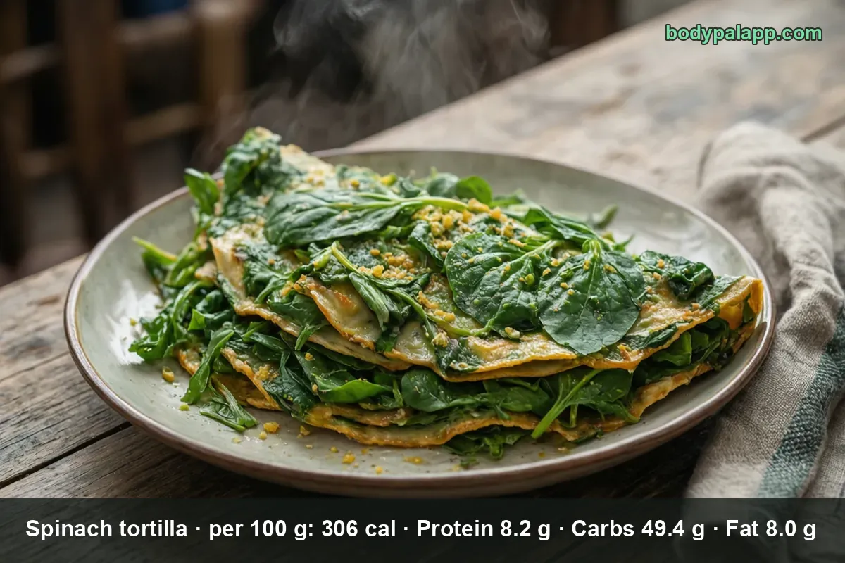 Pale folded tortilla piled with fresh spinach leaves