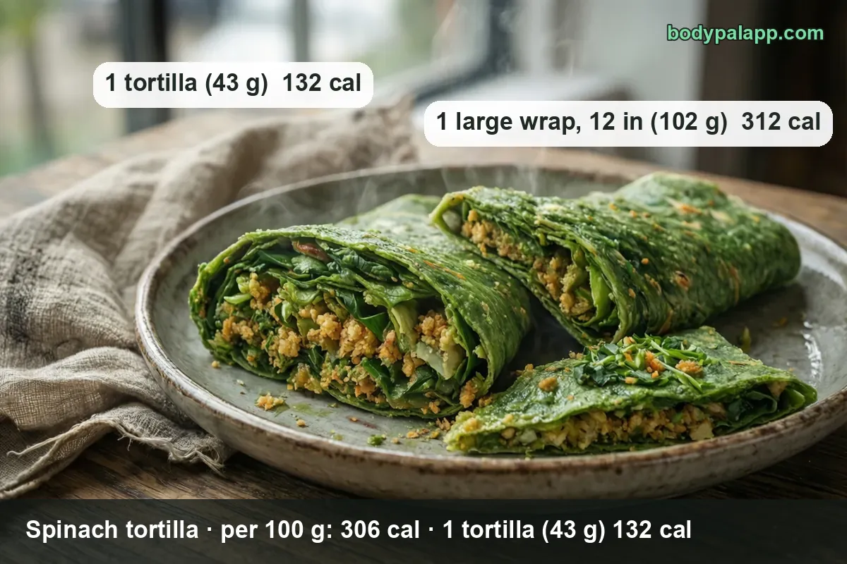 Green spinach wrap cut into three pieces on a ceramic plate, filling visible; chips show 1 tortilla (43 g) 132 cal and 102 g 312 cal
