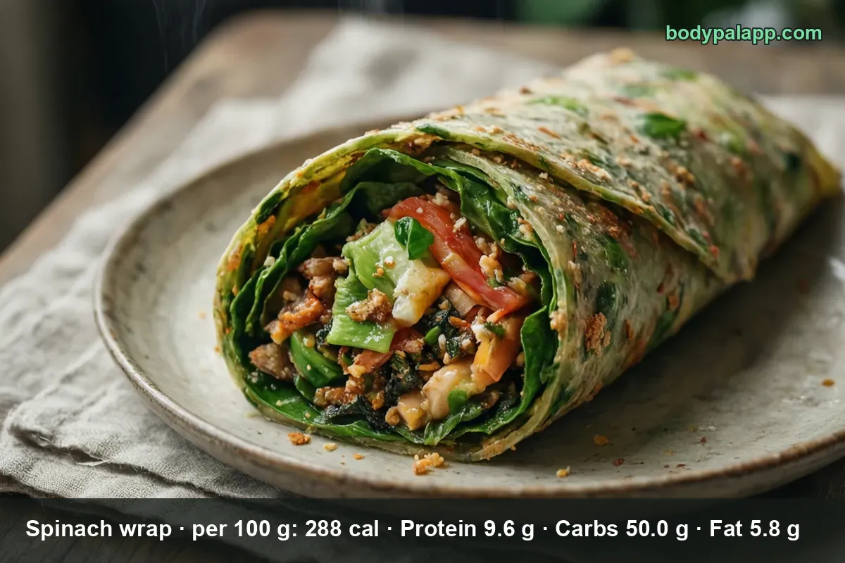 One spinach wrap on a plate, sliced open to show its vegetable filling, with light steam rising.