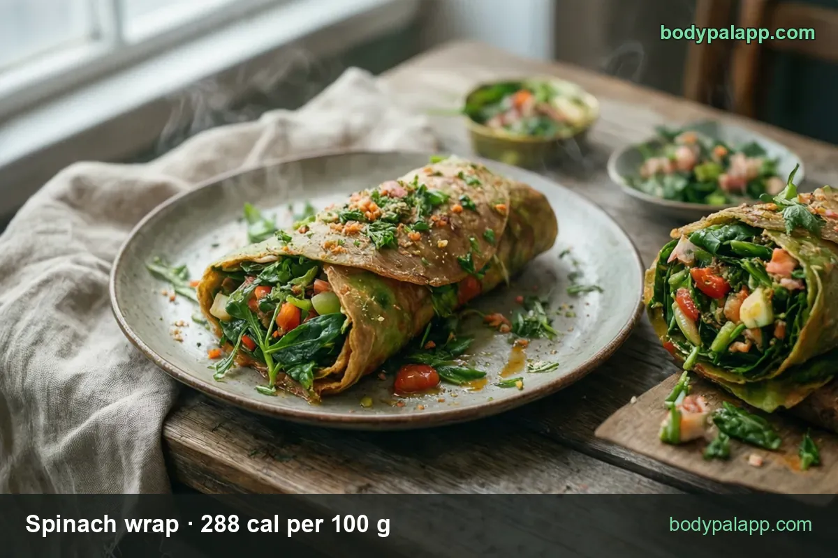 Whole spinach wrap on a plate with an open end and a filled wrap on a board; chips 1 wrap (52 g) 150 cal, 2 wraps (104 g) 300 cal.