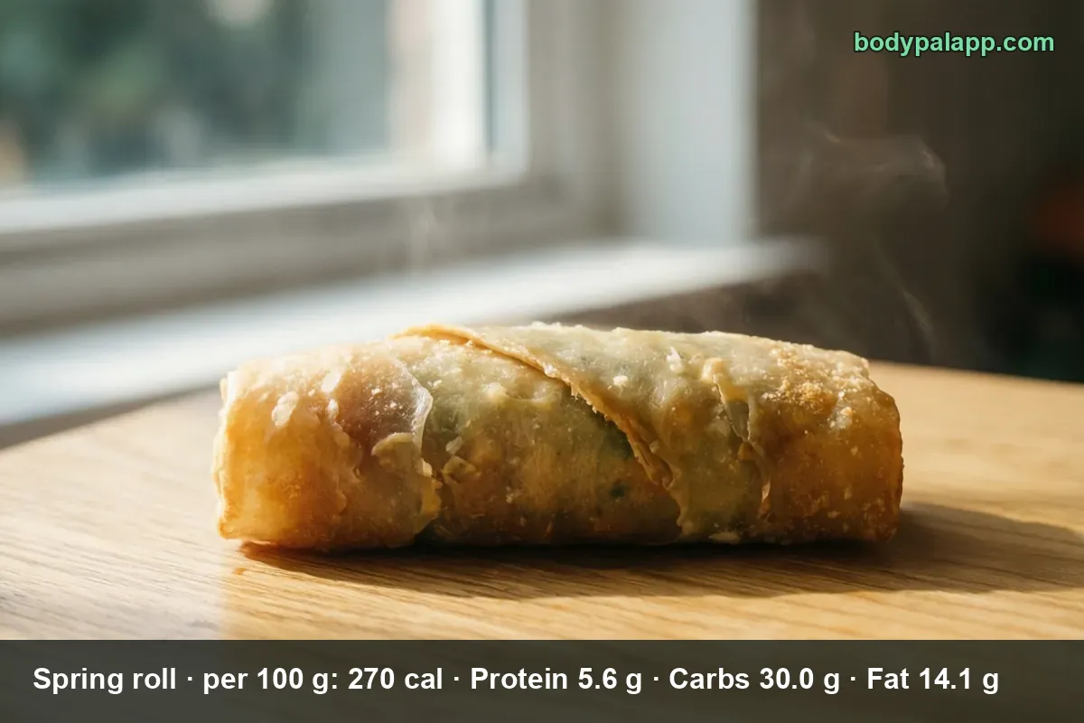 One golden fried spring roll on a wooden board, close up, steam rising, filling visible at the cut end