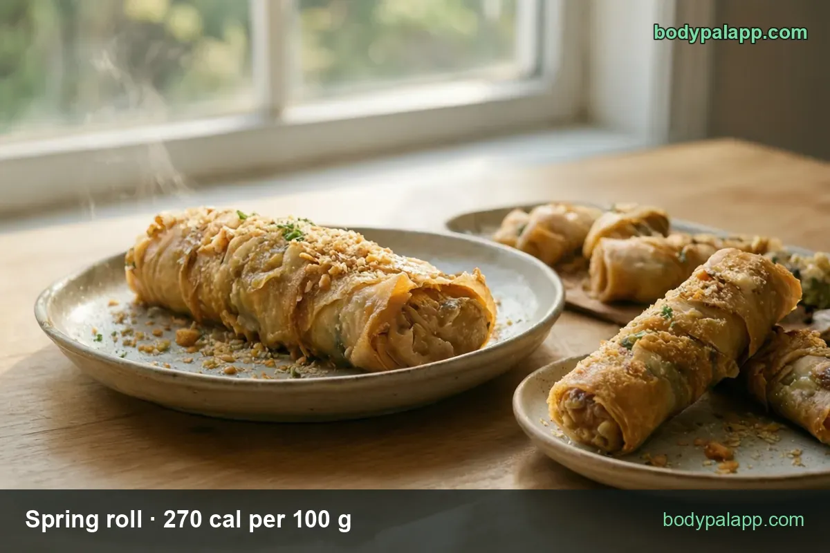 Fried spring rolls on a plate with crumbs and green stalk, two on a small plate: 1 roll (64 g) 173 cal, 2 rolls (128 g) 346 cal