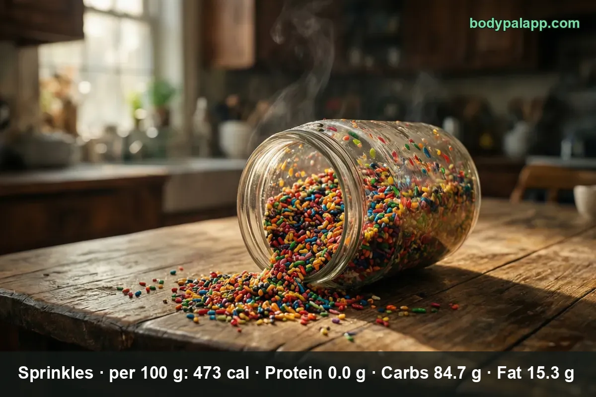 Overturned glass jar with colorful sugar sprinkles spilled across a table
