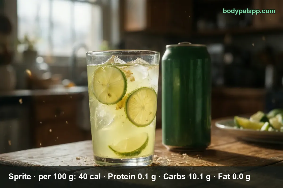 Tall glass of clear lemon-lime soda with ice and lime slices beside a plain green can.