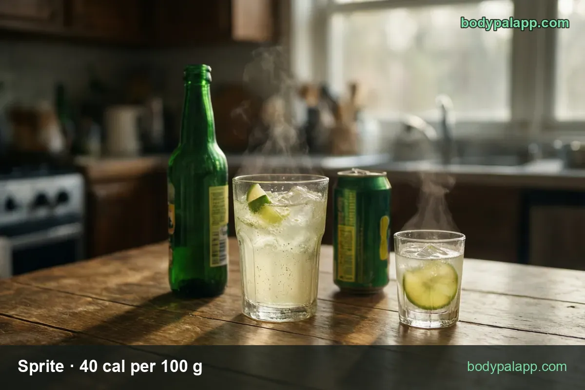 Green bottle, iced lemon-lime soda glass with lime and a green can; chips show 369 g at 148 cal and 258 g at 103 cal.