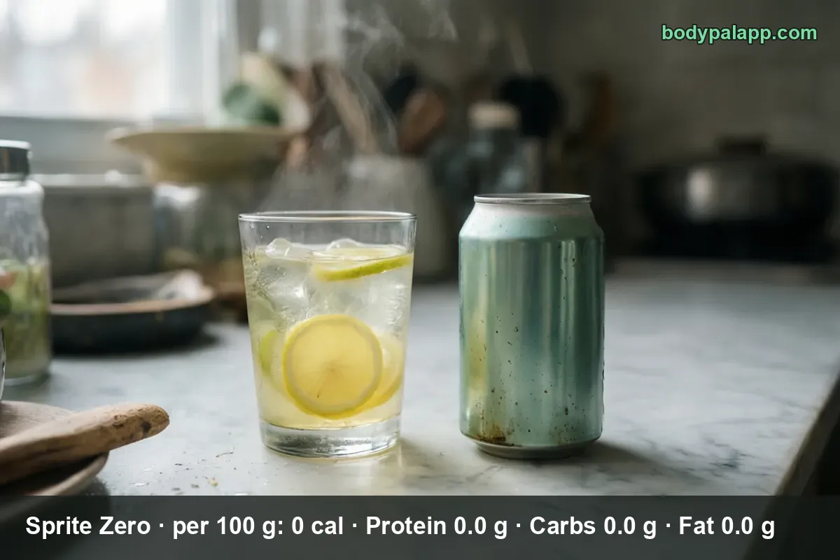 Glass of clear sparkling lemon-lime soda over ice with a lemon slice, next to a plain matte silver-green can