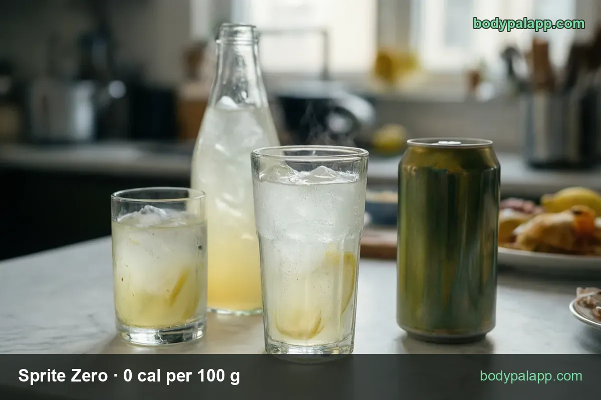 Two iced lemon-lime sodas with lemon slices, a lemonade bottle and a silver-green can: 1 cup (240 g) 0 cal, 12 fl oz can (355 g) 0 cal