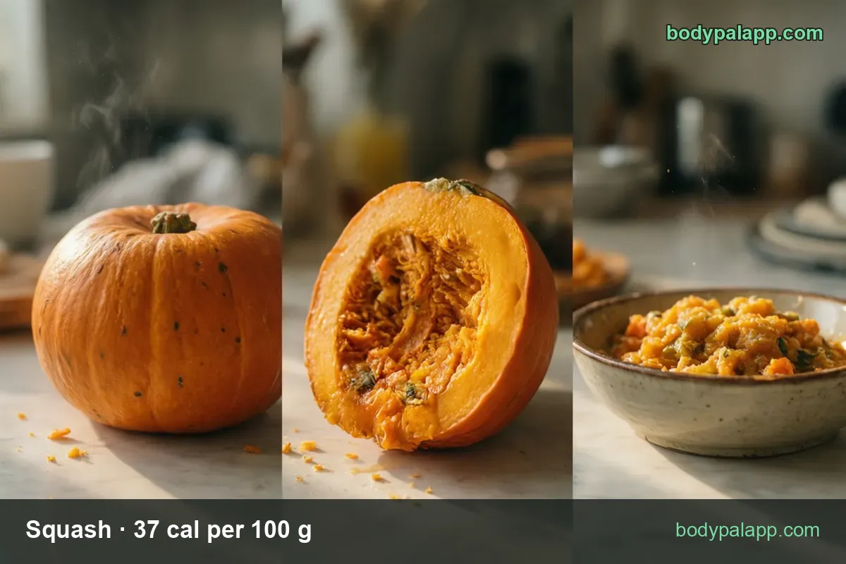 Halved squash with fibers and seeds beside a bowl of cooked squash mash, 1 cup cooked 83 cal and 1/2 cup 42 cal