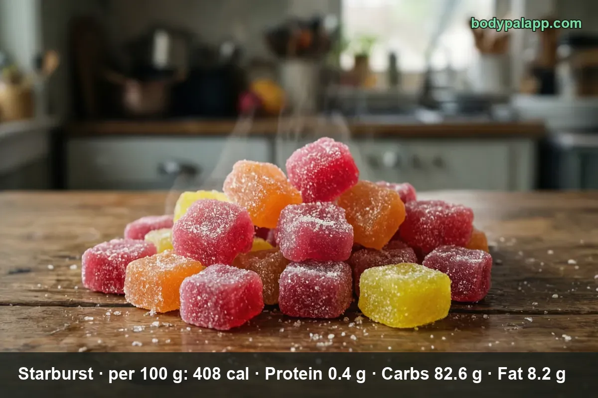 Pile of square pink, orange, yellow and red Starburst fruit chews on a table