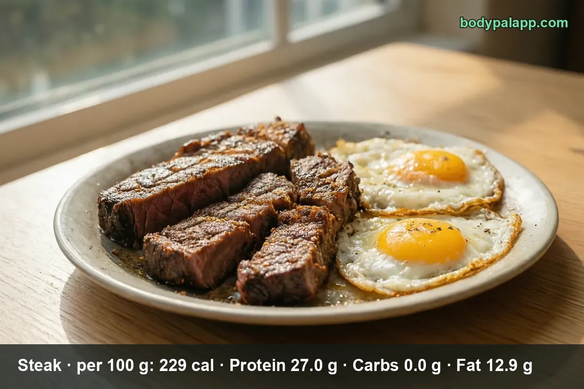 Four thick slices of cooked steak and two fried eggs served together on one plate