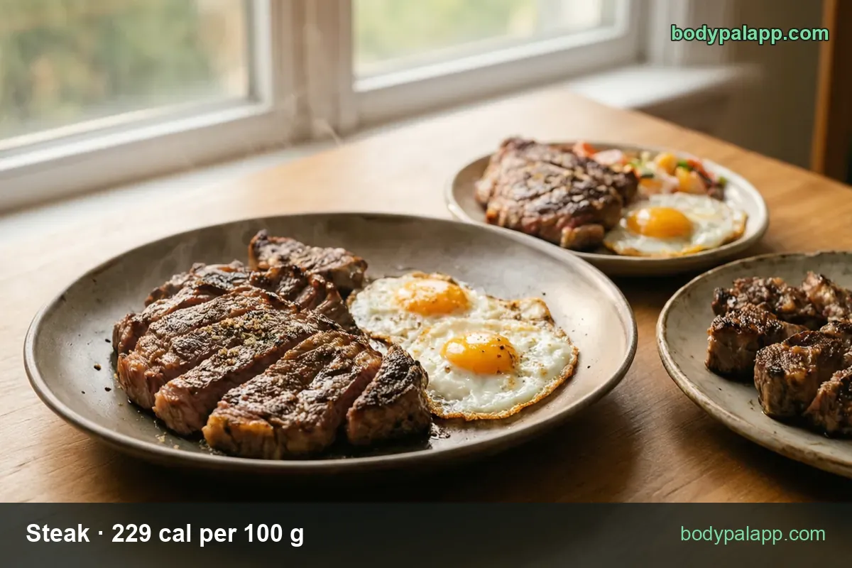 Plates of sliced steak with two fried eggs and a whole steak with a fried egg; chips 1 regular steak 160 g 366 cal and 4 oz 113 g 259 cal