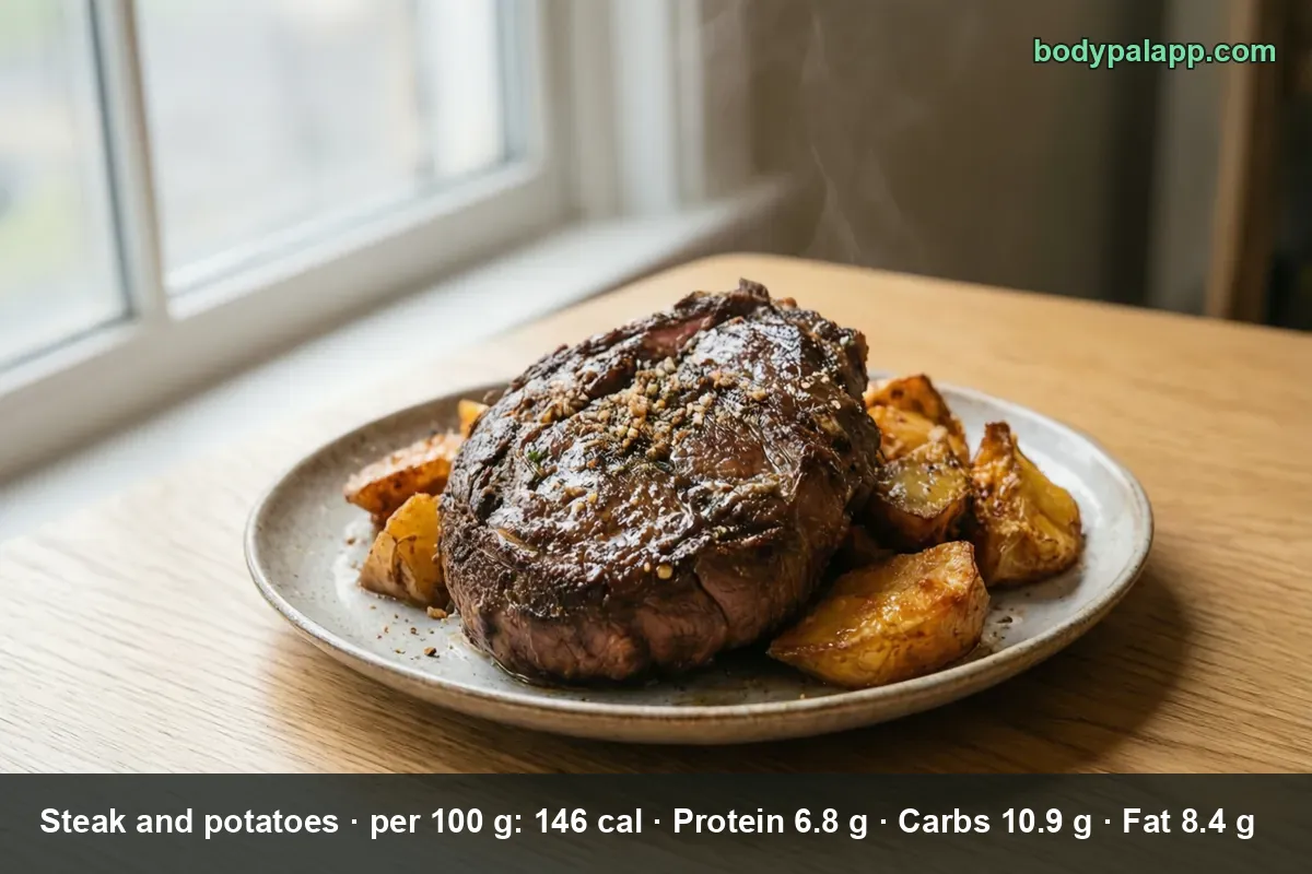 Thick cooked steak with garlic and roasted potato slices on a plate, light steam rising