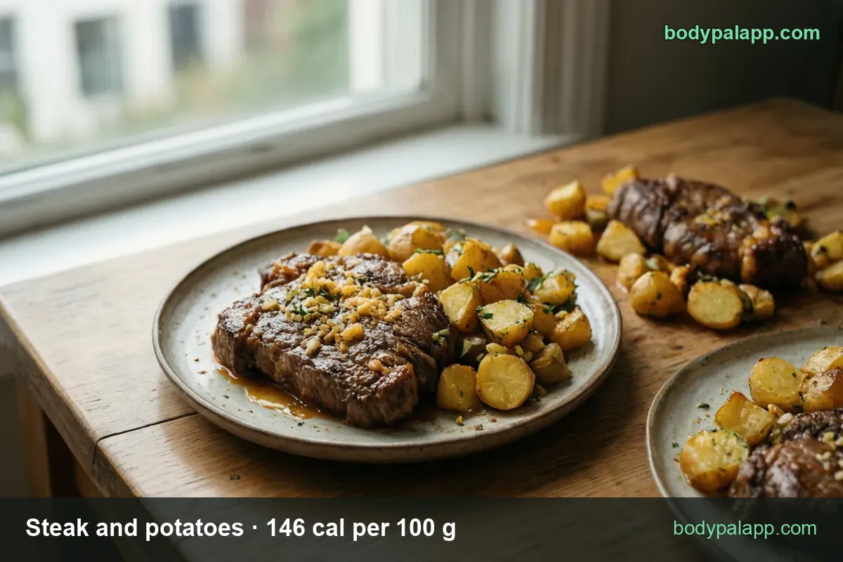 Plate of steak with garlic and parsley and roasted baby potatoes, two more steak and potato servings behind it; 312 g and 255 g portions