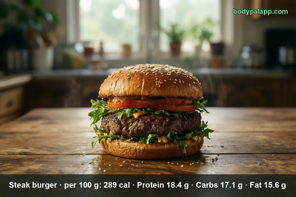 Whole steak burger on a sesame seed bun with a beef patty, lettuce, tomato and cheese
