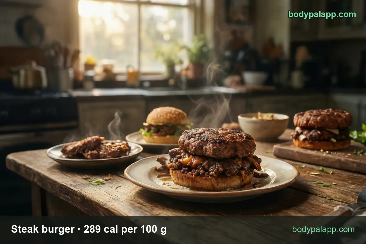 Open steak burger with chopped steak and a patty on the bottom bun beside a whole burger, 1 burger (175 g) 506 cal, 1/2 burger 253 cal