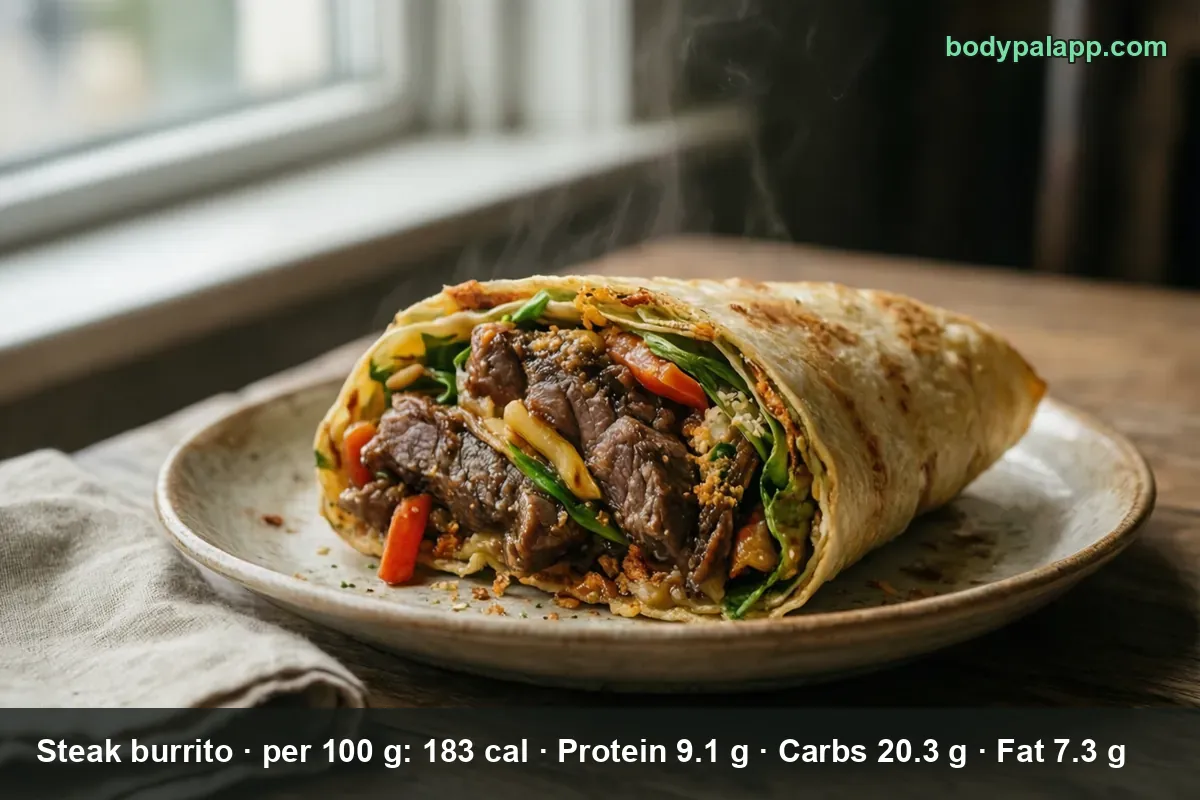 One steak burrito cut open, showing chunks of steak, peppers, greens and cheese.