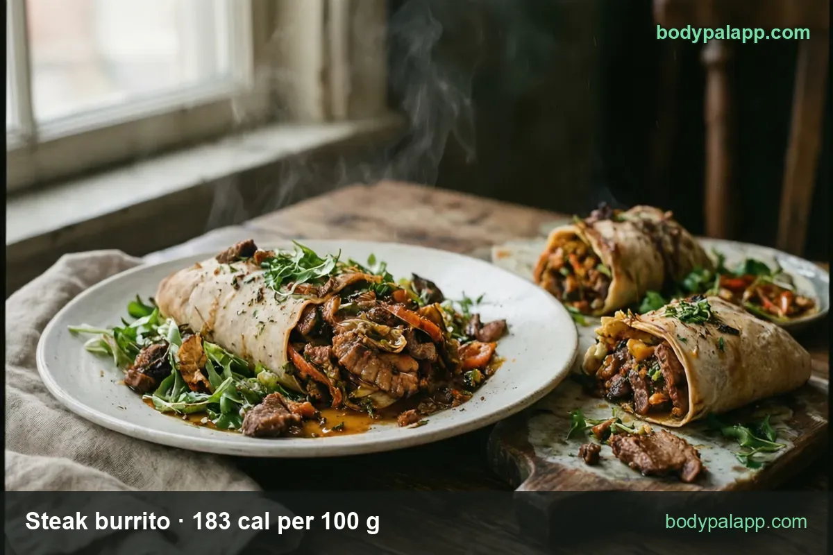 Open steak burrito with steak, peppers and greens, plus a halved burrito on a board; 1 burrito (248 g) 454 cal, 1/2 (124 g) 227 cal.