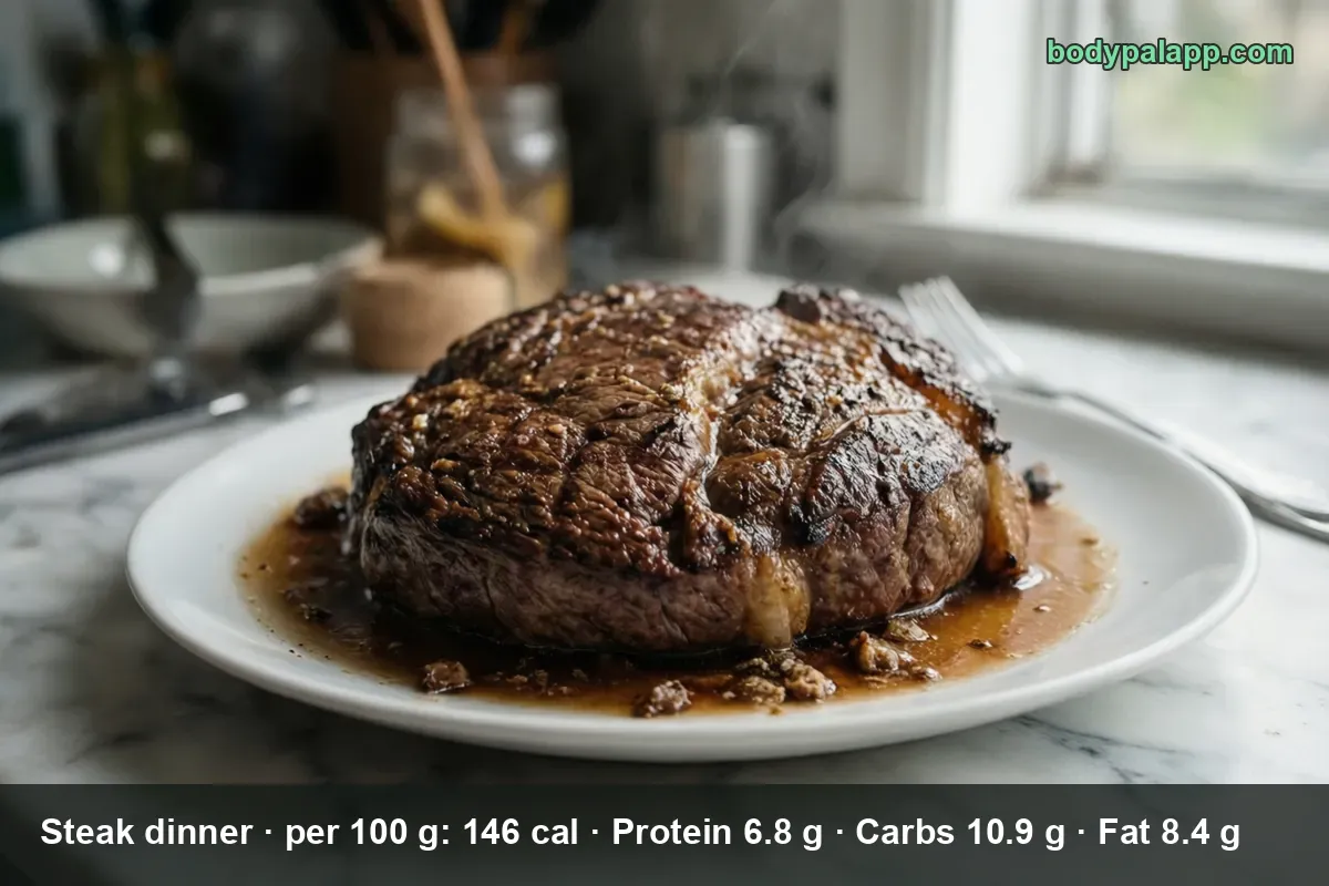 One thick steak in sauce on a white plate with a fork, no side dishes.