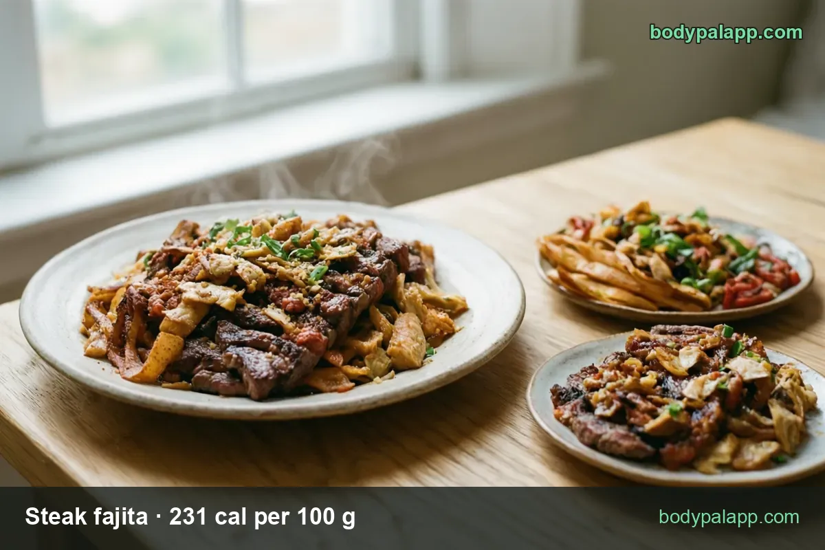 Sliced steak strips over fried strips with tomato and green onion, side dishes; 1 cup (120 g) 277 cal and 1 fajita (95 g) 219 cal