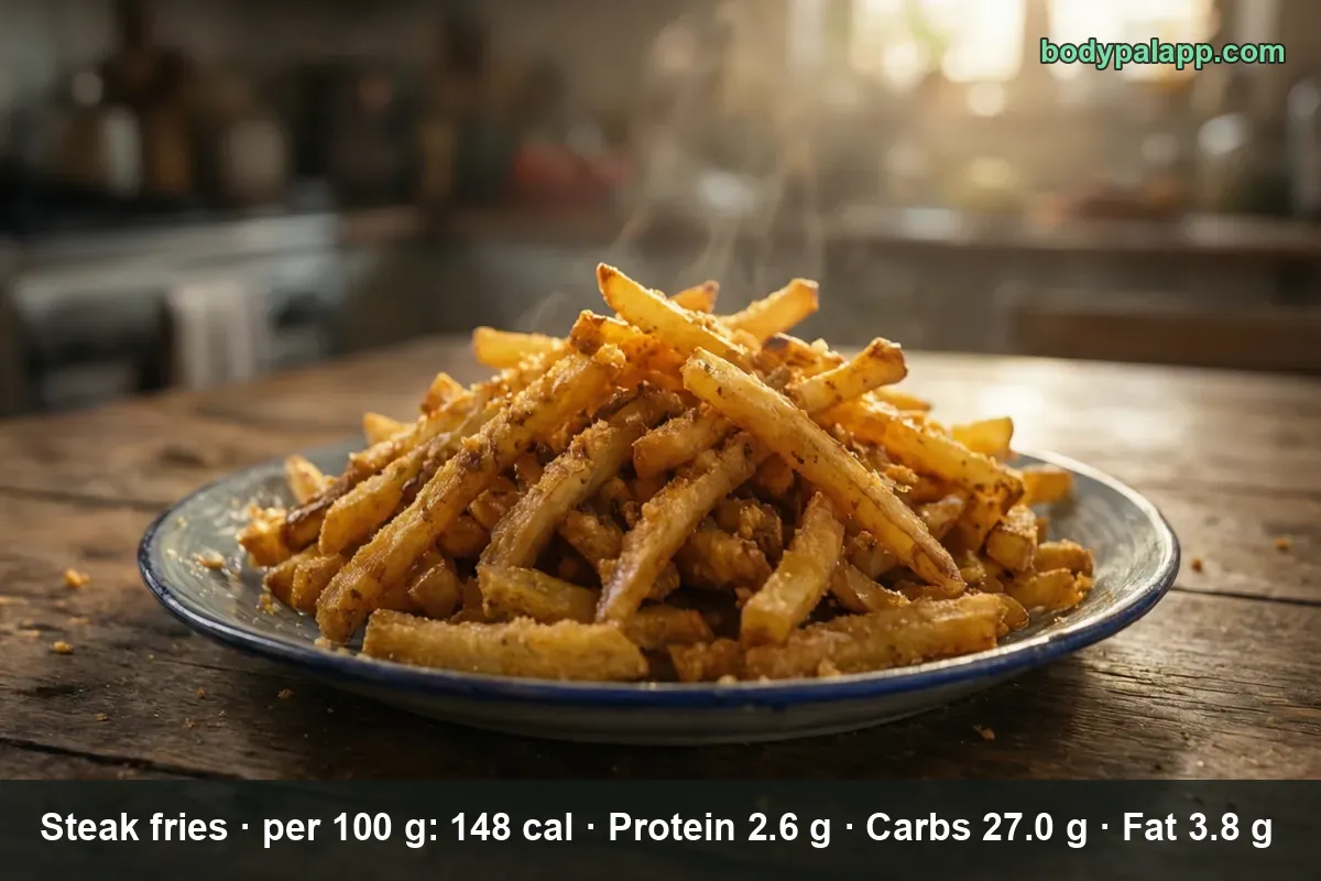 A plate piled with golden medium-thick steak-cut fries