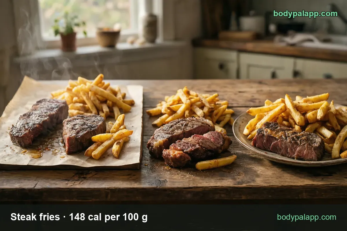 Steak with fries served three ways, on paper and on a plate, labeled 10 strips (133 g) 197 cal and 3 oz (85 g) 126 cal