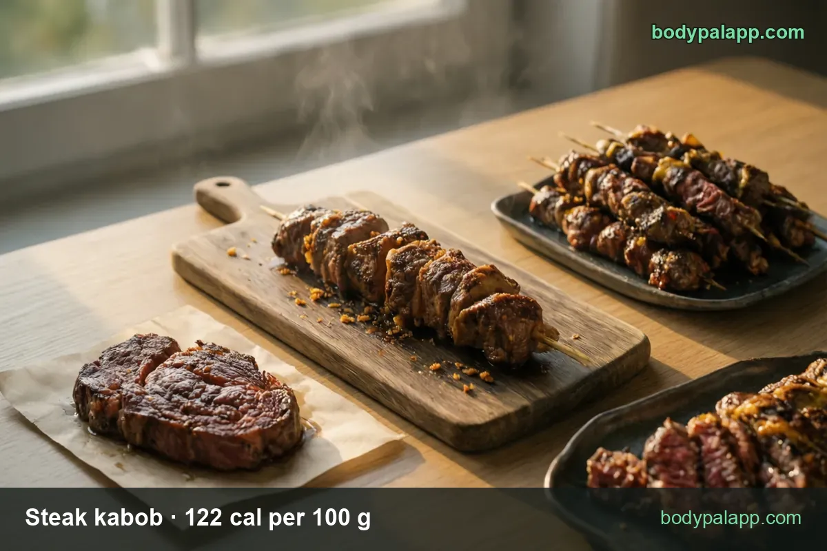 Beef kabob skewer on a board, whole steak, four skewers, sliced steak; 1 kabob (202 g) 246 cal, 1 cup (154 g) 188 cal.